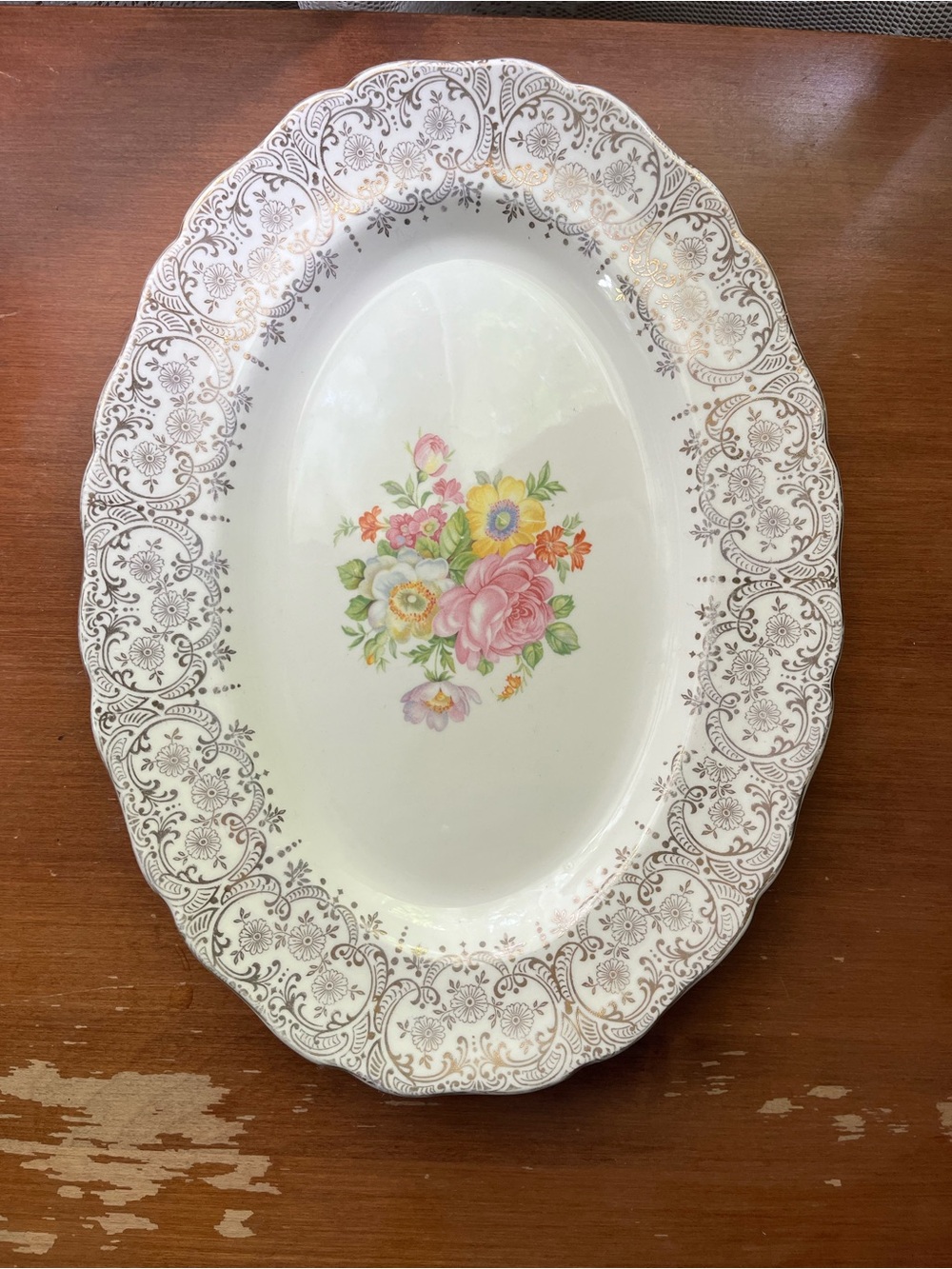 Vintage Keystone Canonsburg Floral Oval Platter with 22k gold Scalloped Edge